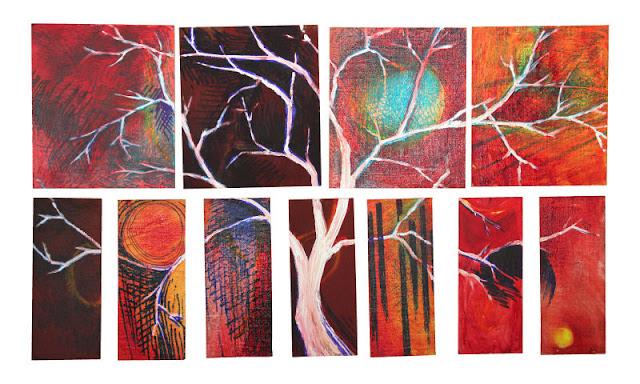 Eleven panels (four across the top and seven narrow ones across the bottom) form one horizontal rectangle. A white tree is painted over the whole, with a background of orange, red, black, blue and turquoise abstract expressionist scribbles, lines, and circles.