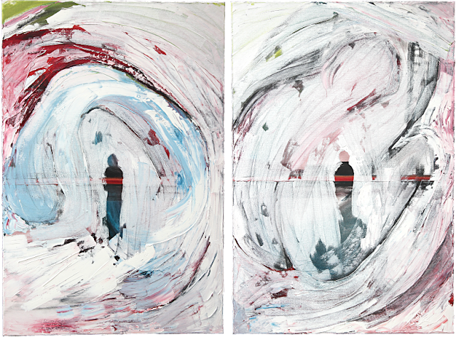 Two canvases, side-by-side. On each, a crouched cringing figure is roughly painted in white over a black, blue and red background, leaving a hole in the middle that is shaped like a standing figure.