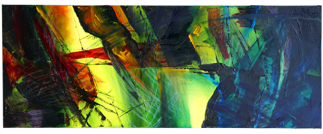 Abstract expressionist painting of black and blue and red messy painted shapes with a yellow-green light behind.
