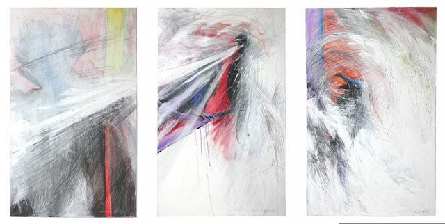 Three canvases (triptych) showing four ravens, covered all over with white paint that depicts their voices. On the left, one raven hangs upside down with it beak open, possibly dead. In the middle, one raven screams into the face of another raven, who sits crouching on a branch. On the right side, a fourth raven has its beak open, ineffectually crowing a circular noise that fills the edges of all three canvases but doesn't really affect the other ravens.