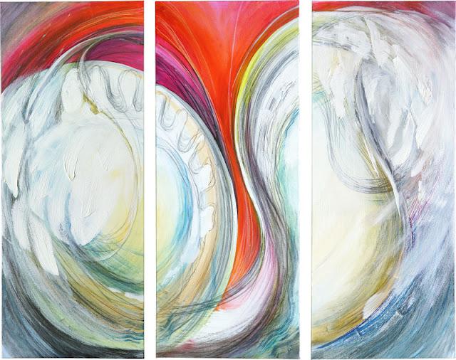 Three vertically-oriented canvases in a row, with an abstract expressionist painting in every color, with grey and graphite lines. There are visual references in the image to wings, lungs, female reproductive organs, air, wind, and movement.