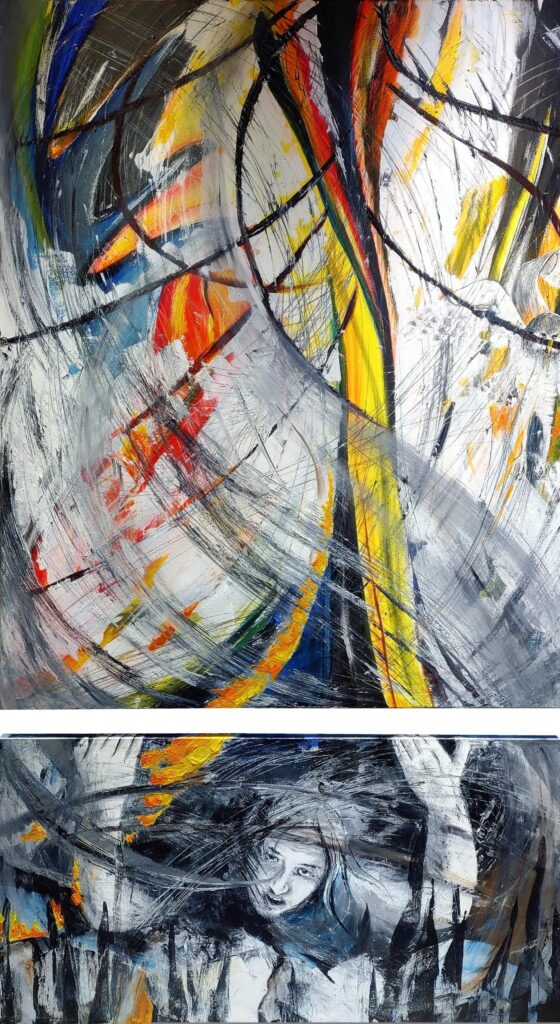 A painting on a split canvas. The top canvas is five feet tall, and covered with a wild expressionist painting of a burning tree, with a burrowing owl flying up against the right side of the canvas. The bottom canvas hangs four inches below the top one, and is a continuation of the tree (roots) under which Emily (the artist) is emerging, still half-buried, from under the tree. Her hands reach up and cling to the top edge of this lower canvas.