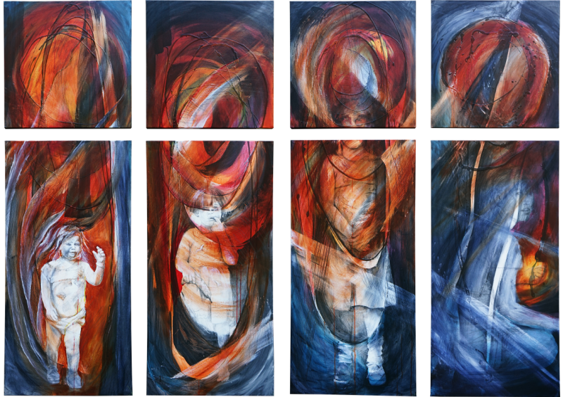 A portrait of the artist at four ages, across a series of four split-canvases (so, eight canvases, total). Each portrait is on a two by four-foot canvas, with a two-by-two-foot canvas above it. All of the canvases are primarily covered with abstract expressionist lines and colours, in red, orange, blue-grey, and black. The first portrait shows a baby in a diaper and t-shirt, half-smiling, reaching a hand out as though to wave or to hold an adult's hand. The second portrait shows the same child, now age three, wearing a white summer dress with birds on it, holding a banana at her side, and staring blankly at the viewer. She is holding her index finger in her mouth. The third portrait shows the same child at eleven, again wearing a summer dress, and standing still with hands folded in front of her. Her head is split by the canvas split, so her chin is on the bottom, her mouth and nose are not visible, and her eyes look out blankly from bottom of the top canvas. The fourth and last canvas shows the same child, now sixteen, kneeling sideways in the dark blue shadow at the bottom of the canvas. She is wearing shorts and a t-shirt, and turning to look out at the viewer. She looks lost and scared.