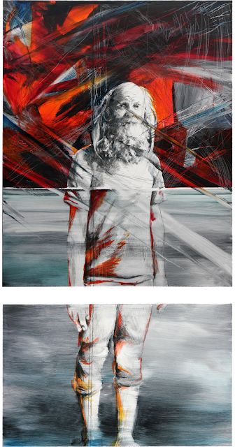 A large split canvas (five feet tall top canvas, over three-feet tall bottom canvas). A bearded man stands in a t-shirt and rolled-up pants on a watery-grey background. His arms are limp; his posture is slack. His face stares out with a hopeless, frightened expression in a background of angry red, orange and black slashes and scribbled lines.