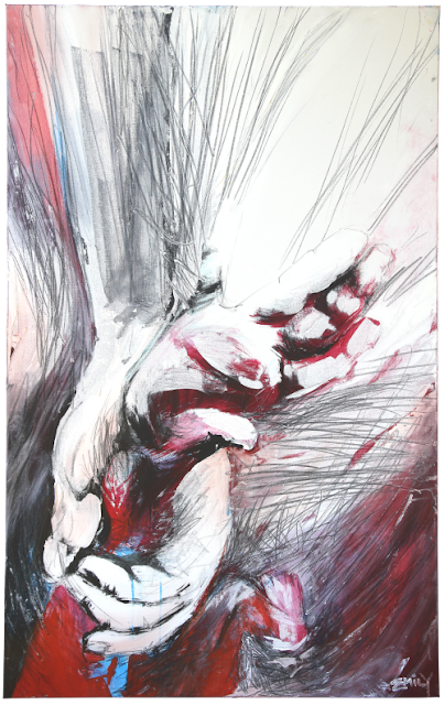 Abstract expressionist painting in black, red, blue and graphite. A huge adult hand is holding a child by the arm. The child's hand is splayed helplessly in the middle of the canvas, and the child's leg can be seen at the bottom. The child is being dragged by the arm.