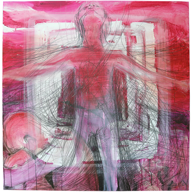 Abstract expressionist painting in pink, red, white and graphite (dark grey). A naked child stands arms spread and face lifted, as if rising into the air, or falling, blind. In the bottom left corner, the same child sits curled up, head hanging between knees.