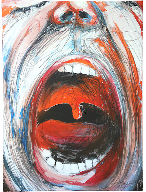 An abstract expressionist painting of a close-up face, screaming. Most of the canvas is taken up by the open mouth with teeth, tongue and epiglottis. Closed eyes and nostrils are just visible at the top of the canvas. This is also the icon for Emily's website.