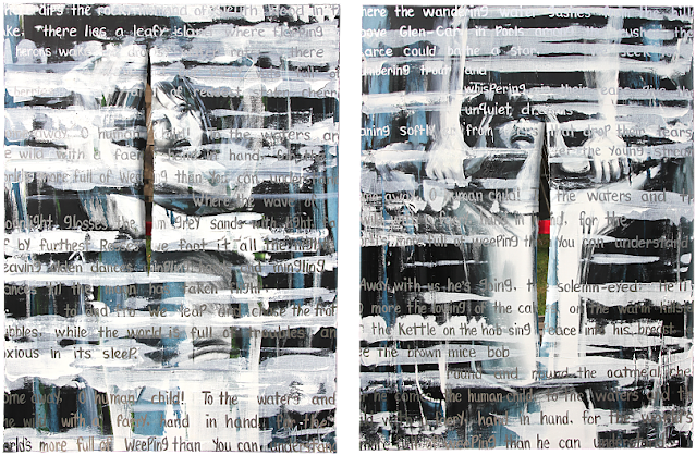A pair of canvases with black and white portraits. One shows a girl looking blankly out of the canvas, maybe distraught, and she's wrapped in the large arms of a man who is standing behind her. The other canvas shows the same girl, crying in agony, holding her hands to the sides of her face. A pair of adult hands holds her by the wrists. Across the pair of canvases are written an excerpt of Yeats' poem, "The Stolen Child". Each canvas is ripped down the centre (through the child) and the spreader-bar of the canvas, painted red, is visible, behind.