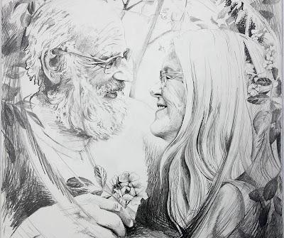 A graphite portrait of a couple looking into each other's eyes, surrounded by rose leaves and blossoms, and quite a bit of scribbling. The man, on the left, has a scruffy white beard and mustache, and a pair of glasses reaching behind his ears into his white hair. He has a wrinkled brow, and grins delightedly at the woman. The woman looks up into his face with a king of blissful smile. She, too, has wrinkles spreading out from the corner of her eye, and a pair of glasses that reaches into her long, straight, white hair. Roses have caught in her hair at the back of her head. The man is holding a small stem of roses in his hand, at the bottom of the frame.