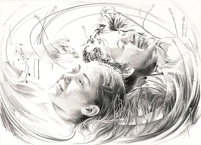 A graphite portrait of two teenagers (brother and sister) lying in the grass, with swirls around them. Their heads are together in the middle of the frame, but they're looking separate directions. The boy's eyes are closed and he leans on his hand, grinning as his face is flooded with sunlight. The girl holds her hand up to shield her eyes from the sunlight, and looks with a wistful smile off the left side of the frame. Grass seed-heads stand around these kids, and the girl is wearing a bracelet with beaded strings hanging off of it.