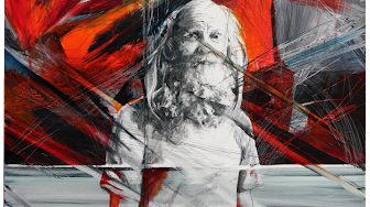 Detail view of painting, "No Time Instead of it All" by Emily van Lidth de Jeude. A long-haired, bearded man in a white t-shirt stands in an abstract mess of red, orange, black and white slashes; an abstract representation of feelings of angst, fear, and oppression.