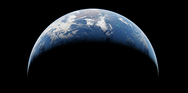 A view of Earth, lit only from above, on a black background. Some of Europe and Asia can be seen under a thin, sparse layer of clouds. This is a rendering of a 3D model by Taliesin River.