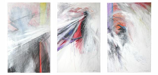 In a triptych called "Three Craws", four ravens are seen in a mess of expressive white paint. One, on the right, caws towards the middle. In the middle, one sits hunched while the other screams in his face, the white lines of his voice filling both the middle and left panel. On the left panel a fourth raven hangs, dead.
