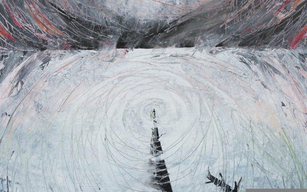 A painting by artist Emily van Lidth de Jeude. Mostly white and grey; a kind of abstract landscape, maybe, with fiery grey in the distance. A jetty or log stretches from the foreground into the distance of what might be a lake, a sea or a plane, and a very tiny distorted human figure stands at the end of it, encircled by nothingness.