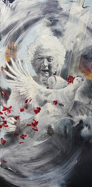 A mostly black and white painting. A portrait of an old woman with white curly hair, wrinkly skin and a big laughing smile. She's reaching her arms forward to the viewer, and a white ptarmigan is flying out of her arms, towards the right. A trail of red poppies and poppy petals tumbles off the ptarmigan as it goes.