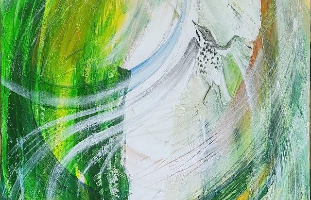 A small graphite-drawn Swainson's thrush is swept up in a mess of green, white, and graphite swooshes. Abstract painting by Emily van Lidth de Jeude