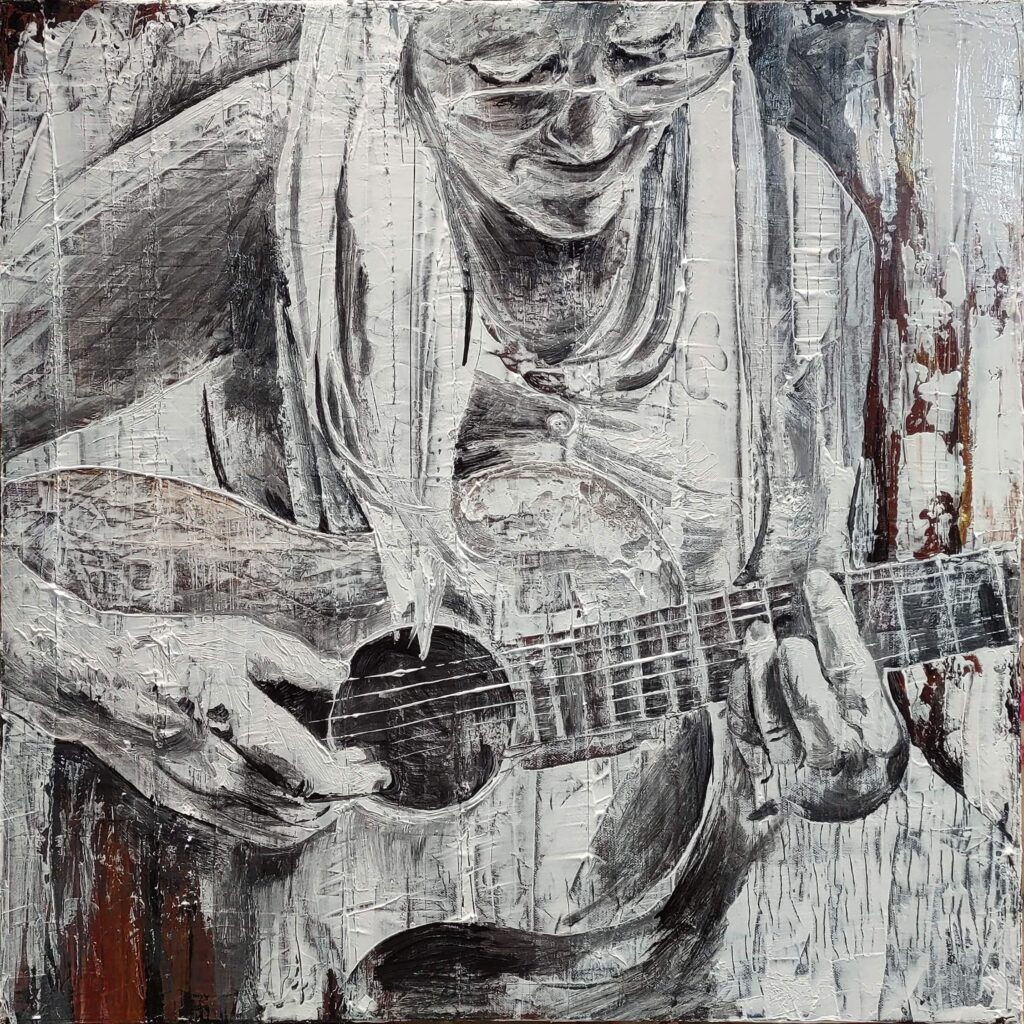 A mostly black and white painting of a woman playing a guitar. She has long white hair, glasses dropped down her nose as she is leaning forward over her hands, smiling but crunching one eyebrow as if concentrating on the chord she's playing.
Painting by artist Emily van Lidth de Jeude, called "Mum playing guitar".