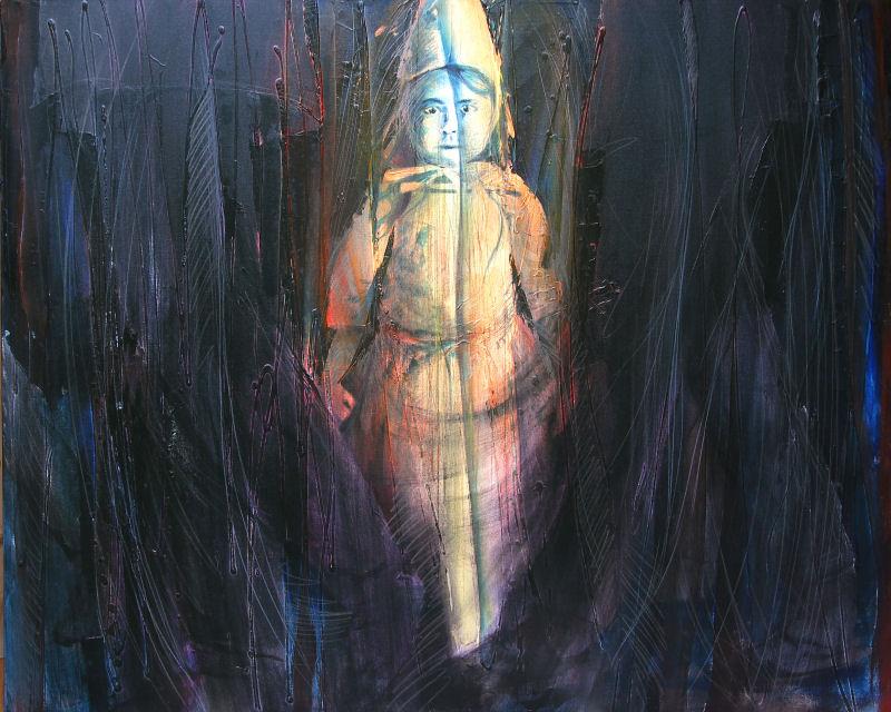 Painting by artist Emily van Lidth de Jeude, showing a mostly black sea of adult legs in pants and shoes, walking by. In the centre of the image is one lit person: A small child in a party dress and hat, fists clenched at her sides and her face looking stern and perhaps horrified. She looks out from the sea of passing legs with indignation. The title of this life-size painting is "Did you shuffle of the pavements just to let your betters pass."