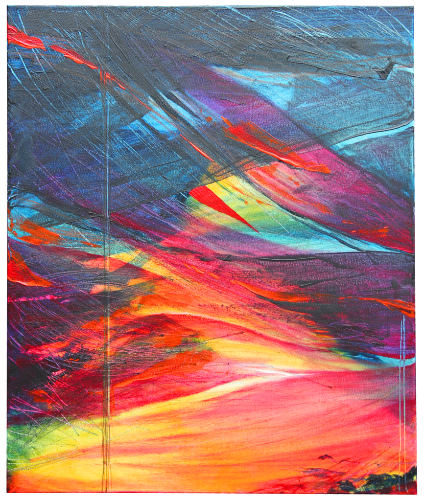 An abstract oil painting in red, orange, yellow, green brilliant blue, dark blue and black. It is reminiscent of explosions and fire in the night, with many crossing lines, a bit like a landscape. Named after Sinead O'Connor's song, Drink Before the War.