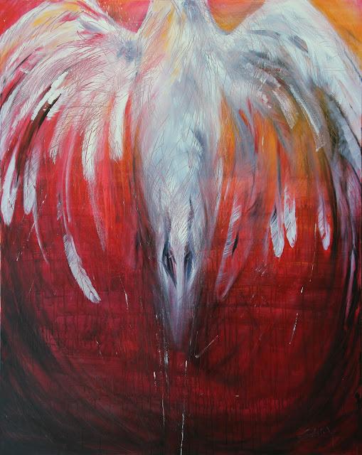 A giant white bird flies upward off the canvas, semi-abstracted, belly in full view, head cut off by the top of the canvas, and feathers disintegrating into the red background, which fades away to black, at the bottom, mirroring the bird's small black feet, pulled tight against its tail.