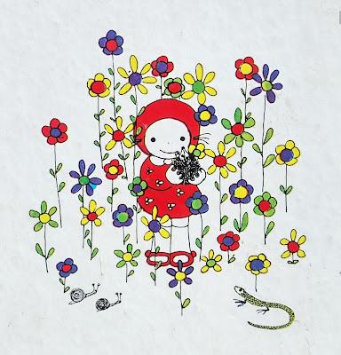A drawing of a young child in a red dress with white flowers, and a red hood and red shoes. The child is holding a little black hedgehog and is surrounded by flowers in primary colours. Two snails and a lizard sit looking towards the child.