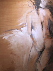 A drawing of a young woman, seen from behind, pulling away to the right from a hand on the left, and yelling towards the left, as if escaping and fending off another person, just off the panel. Artist is Emily van Lidth de Jeude.