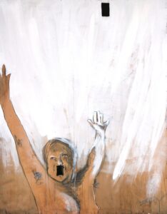 A reclaimed raw wood panel with a drawing of a powerful shouting woman, visible only from her breasts up, and with her arms raised in the air.  There is a rectangular hole where her mouth should be, which used to be a hole for an electrical outlet in the wall this panel came from. Artist is Emily van Lidth de Jeude.