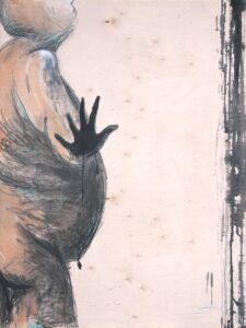 A reclaimed raw wood panel with a drawing of a powerful woman holding standing, facing to the right, holding a silhouetted hand up to the viewer in an act of defiance. Artist is Emily van Lidth de Jeude.