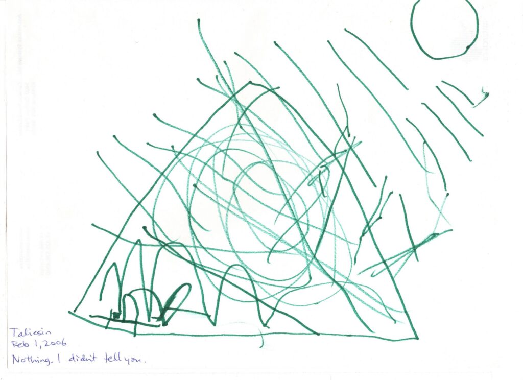 A child's drawing in green ink. Appears to be a kind of triangle filled with messy circular and straight-line scribbles, but definitely a few intentional unidentifiable shapes. In the corner of the drawing an adult has written: "Taliesin. Feb 1, 2006. Nothing. I didn't tell you."