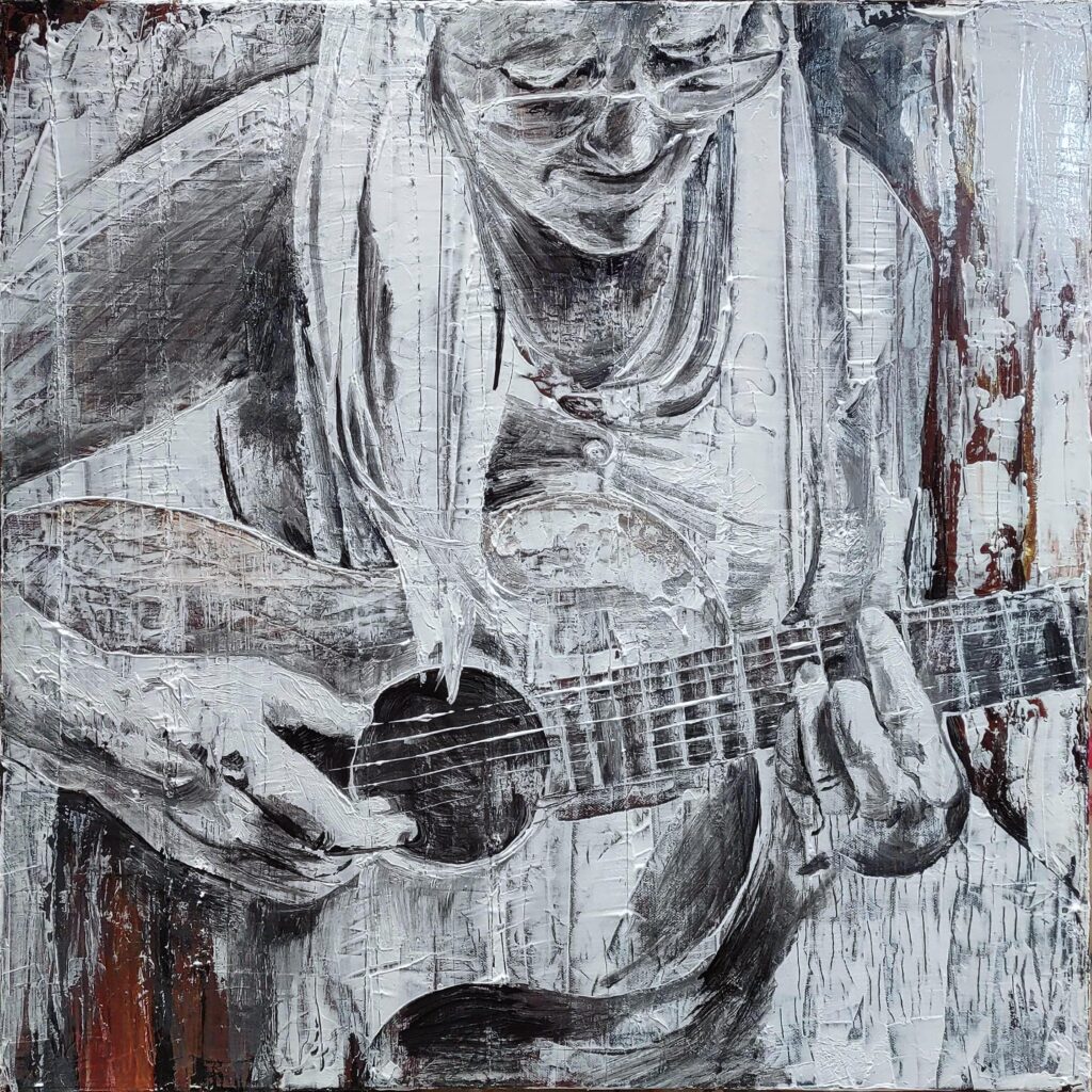 Black and white painting of a woman smiling, eyes and long straight hair cast down over a classical guitar that she is playing.