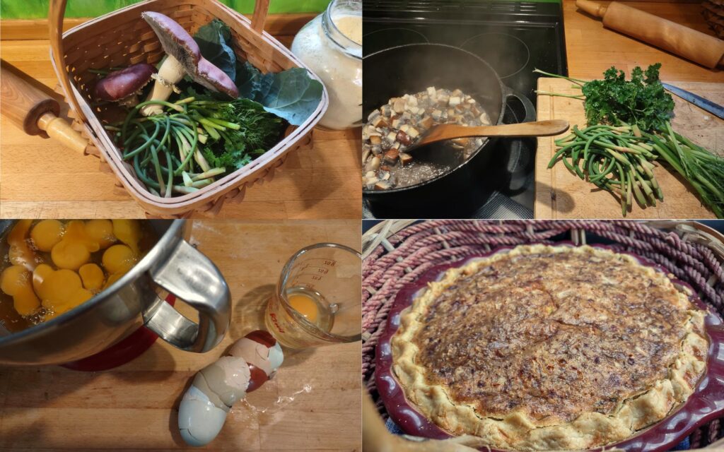 A series of four photos showing the development of a quiche from garden harvest: First, a basket of garlic scapes, kale, fennel stems, parsley, and huge mushrooms, beside a rolling pin and jar of flour.
Second, a pot with mushrooms cooking in it, and a wooden spatula stirring it, beside a cutting board where the scapes, fennel stems and parsley are lined up for cutting.
Third, a bowl full of eggs, their multicoloured shells lined up on the counter beside them.
And lastly, a ceramic pie dish full of a baked quiche, sitting in a basket.
